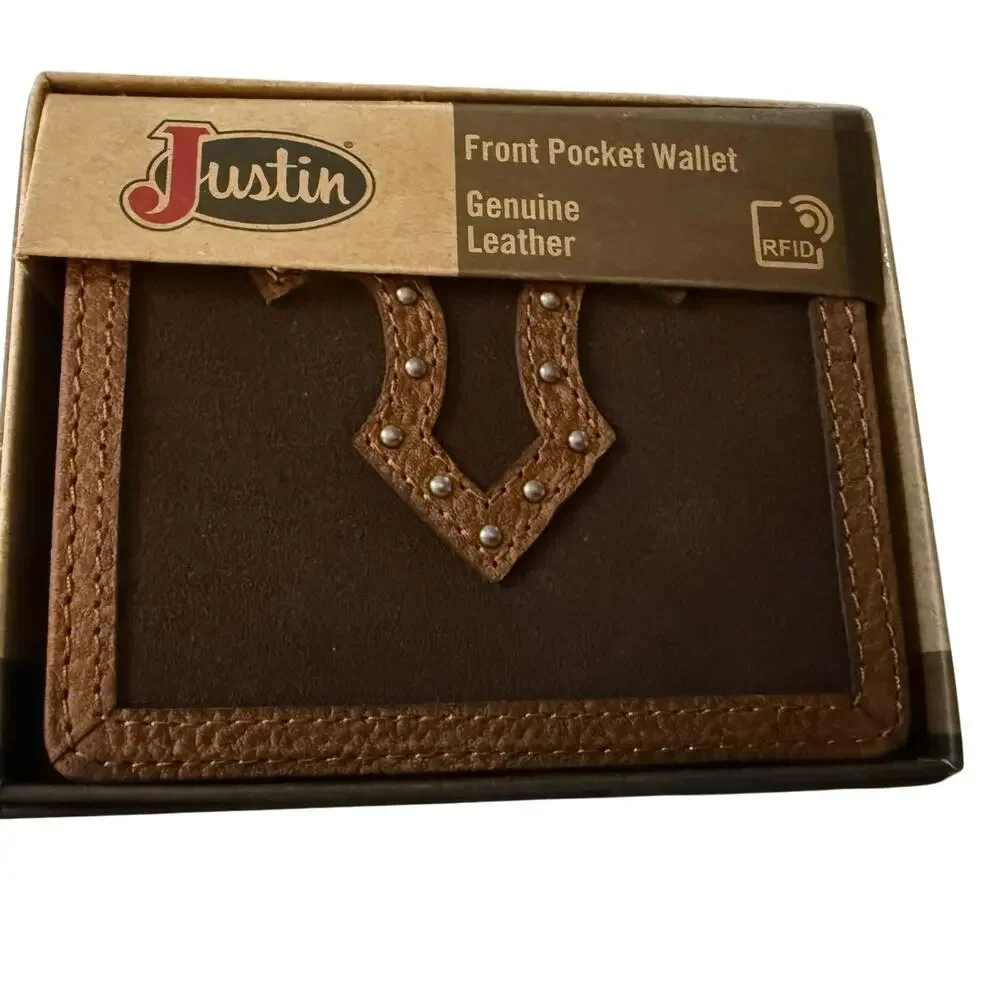 Justin Bifold Front Pocket Wallet, Brown Suede Leather, Tan Yoke & Studs, NWT